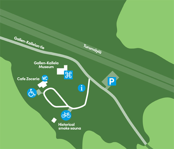 A map of the Tarvaspää museum area showing the buildings located there, the parking areas, and the locations of the WC facilities and information board.